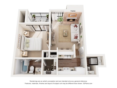 Floor plan for 1 bed, 1 bath, 537 sqft